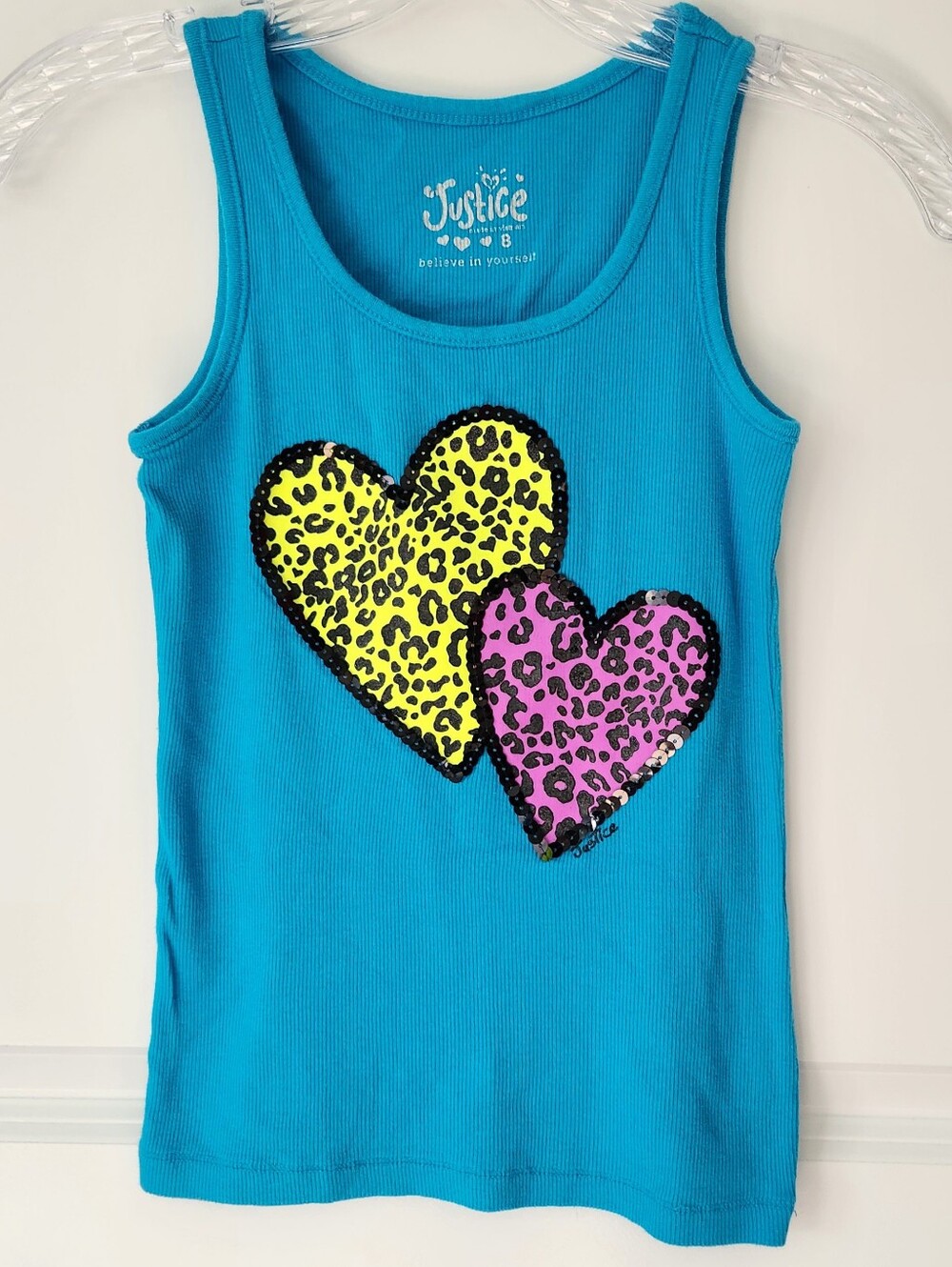 Justice Girls Blue Ribbed Sequined Leopard Hearts Tank Top - Size 8